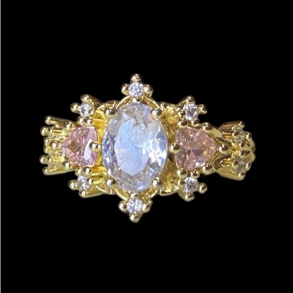 Ring- Gold Tone Ring with White (Clear) and Pink Rhinestones in Size 8 - Picture 1 of 6
